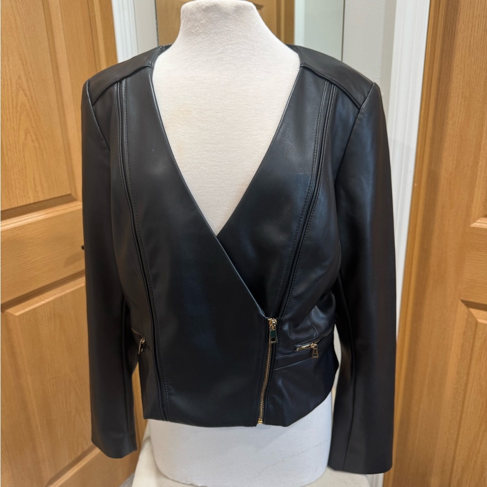 White House Black Market Black Faux Leather Asymmetrical Zip Jacket